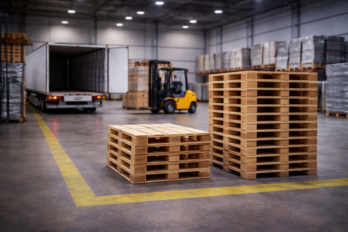 Warehouse interior with stacked wooden pallets, yellow forklift, loading truck, and marked storage zones