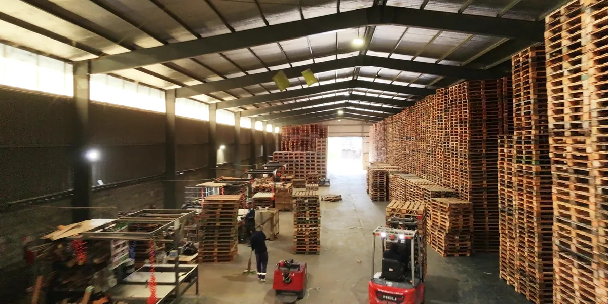Nave de Transpallets con pallets apilados en altura, operarios trabajando y un autoelevador