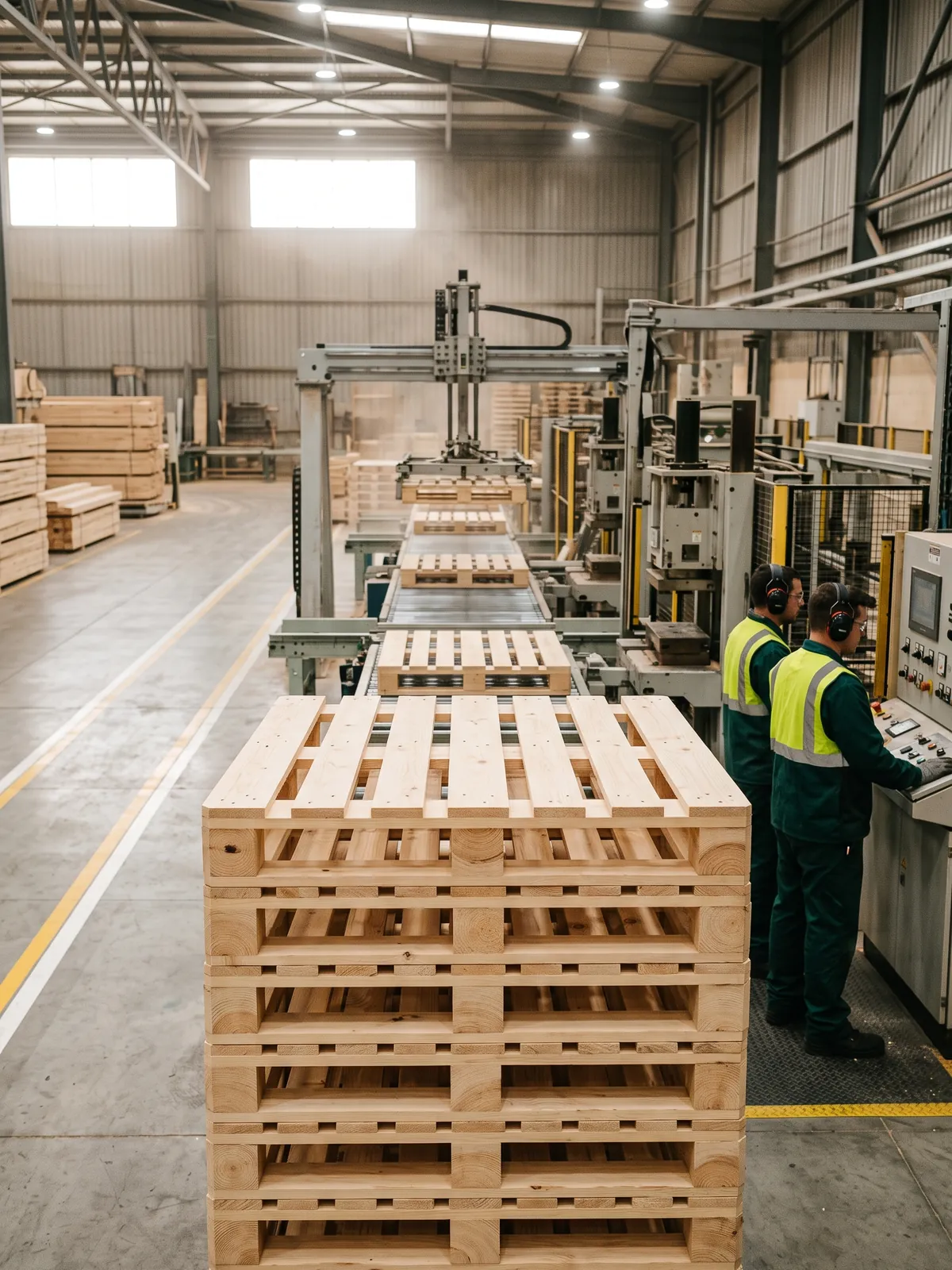 Línea de clavado con operarios y una pila de pallets nuevos en primer plano
