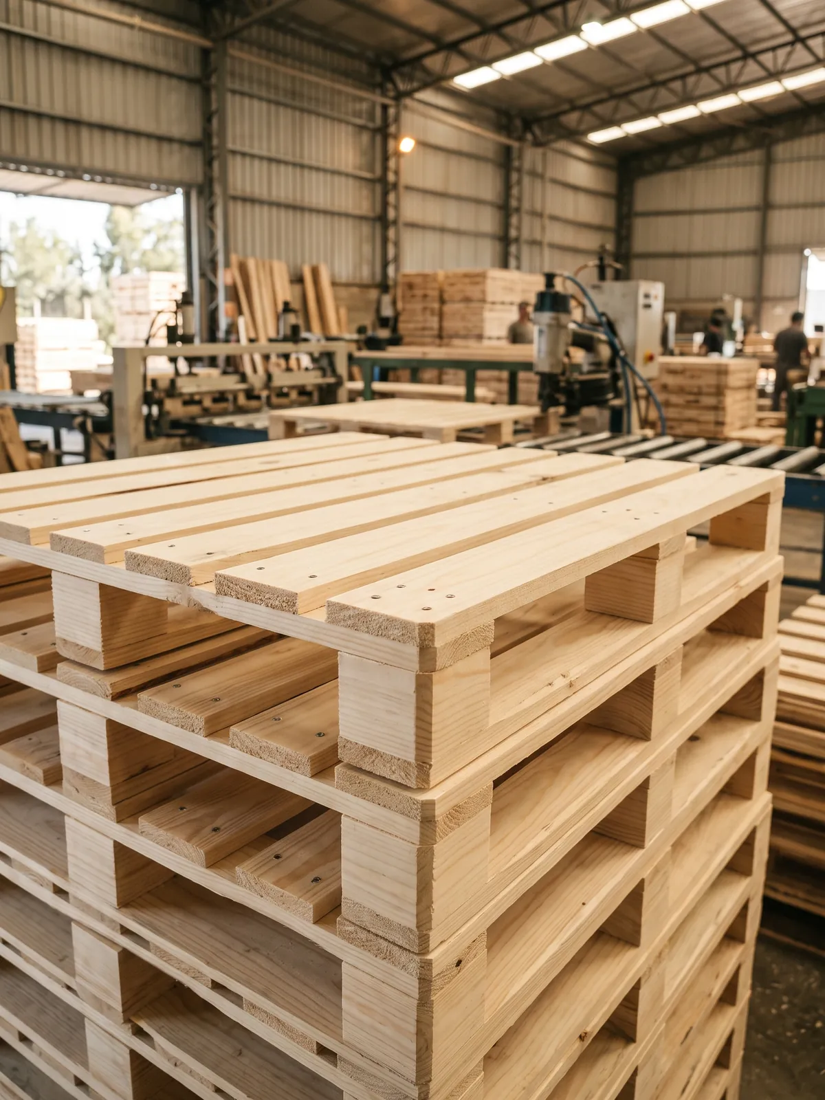 Pila de pallets nuevos de pino frente a una línea de producción