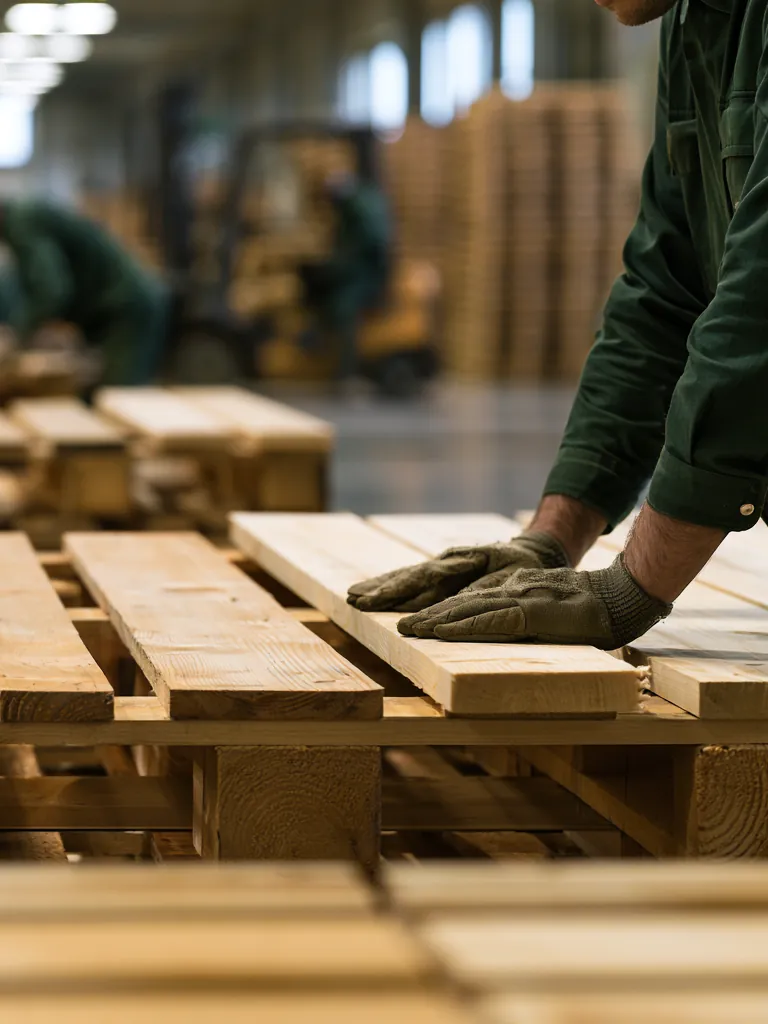 Manos con guantes colocando una tabla nueva sobre un pallet