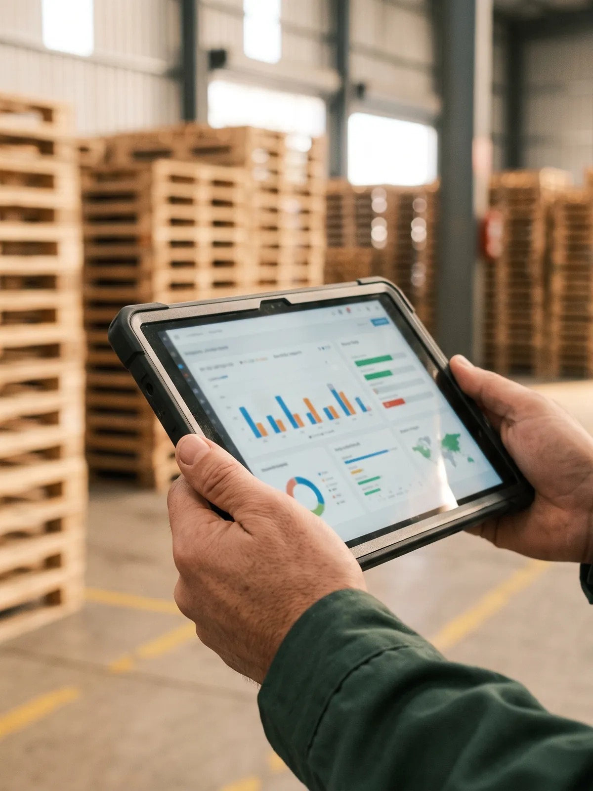 Manos con una tablet que muestra el reporte del parque, frente a pilas de pallets