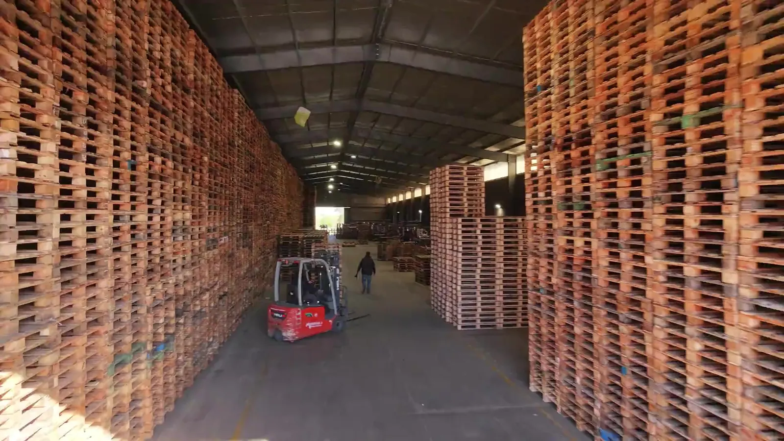 Nave de Transpallets con paredes de pallets apilados en altura, un autoelevador y operarios trabajando
